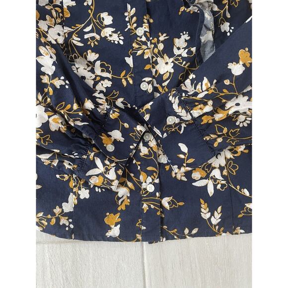 J Crew Shirt Women Medium Navy Gold Ruffle Trim Shoulder Chest Cotton Shirt - Picture 9 of 11